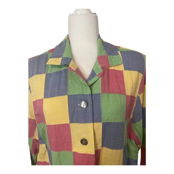 Vintage Women's Button Down Cotton Pastel Patchwork Shirt Shacket Size 16 - Picture 6 of 10